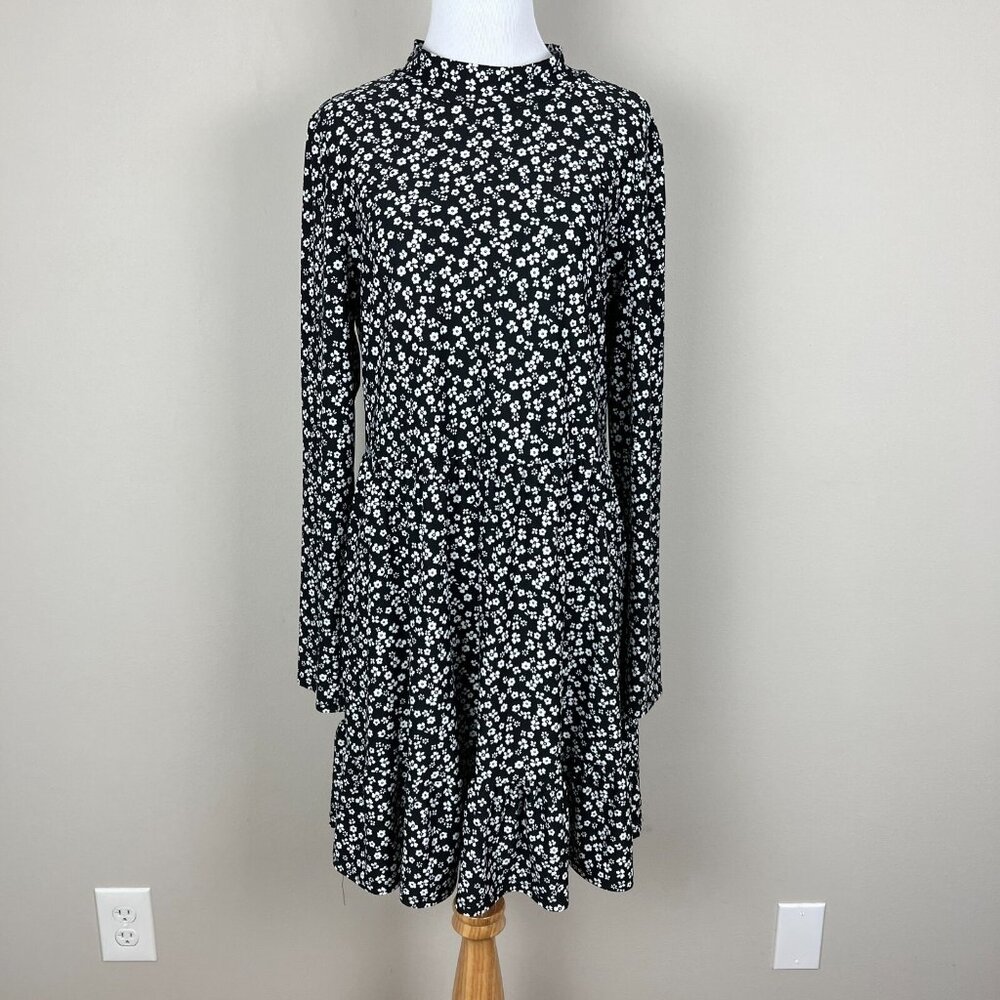 Lily Rose Dress Women XXL Black White Floral Long Sleeve Mock Neck A-Line Jersey